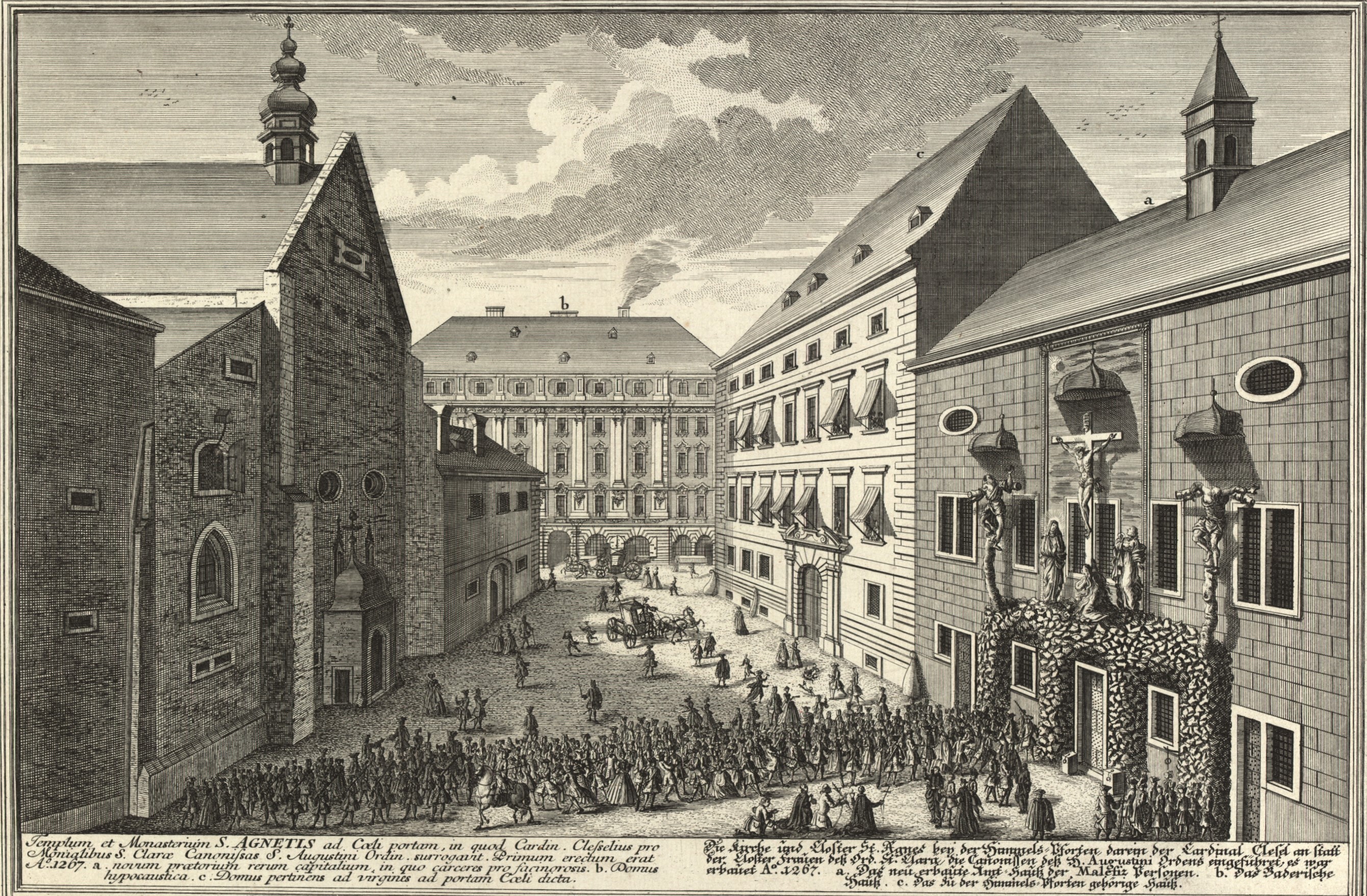 Die Rauhensteingasse im Jahr 1730. Links. Himmelpfortgasse und Kloster, in der Mitte das Himmelpfortbad ("Baderhaus"), rechts das Amtshaus ("Malefizspitzbubenhaus"). Zeichnung von Solomon Kleiner, Aus Tietze, Alt-Wien [4], [5]