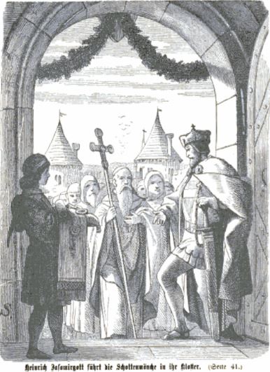 Heinrich Jasomirgott führt die Mönche in das Schottenkloster[2]